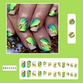 Neon green gradient press-on nails with luxury gold wave pattern and fluid art design - Gradient Gold Foil / Fluorescent Green Gold Border Style (BKS2253)