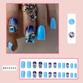 Long square press-on nails with blue marble ink design and gold foil accents - BKS2343 Blue Ink Marble Design (With Jelly Glue and File)