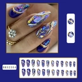 Blue and purple almond press-on nails with amber marble texture and gold foil flakes - Amber Starry Sky Marble Texture Style (BKS2354)
