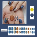 Short pumpkin and maple leaf press-on nails with orange glitter and blue matte finish - Pumpkin Leaves Style (BKS3025)