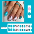 Short square press-on nails featuring teal glitter and black leaf patterns on pink base - BKS3026 Green Leaves Style (With Jelly Glue & File)