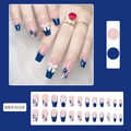 Blue French press-on nails with 3D bows and pearls in a long trapezoid shape - Blue French 3D Bow Style (BKS3028)