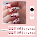 Uñas postizas rosas con flores de cerezo pintadas a mano en forma cuadrada ovalada media - Juego de 24 Piezas (Incluye Pegamento de Gelatina + Lima) / Uñas Postizas de Flor de Durazno (BKS3092)