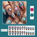 Uñas postizas estilo bohemio con plumas y flores coloridas, juego de 24 piezas largas - 24 Piezas/Caja (Incluye Pegamento de Gelatina + Lima) / Estilo de Pluma Multicolor (BKS3162)