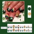 Saint Patrick's Day press-on nails set with green clover designs and gold glitter finish - 24Pcs/Box (Includes Jelly Glue + File) / Green Shamrock Style (BKS3144)