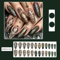 Press-on nails featuring mandala moon designs in emerald green and champagne gold stiletto shape - BKS3160 Moon Style (with Accessories)