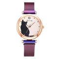 Women's cat dial quartz watch with rose gold case and purple gradient mesh strap - Purple