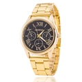 Detailed close-up of a gold Geneva business watch with black dial and Roman numerals - Gold Band Black Dial