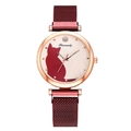 Women's cat-pattern quartz watch with rose gold case and magnetic mesh strap - Red