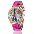 Detail view of pink leather strap with Eiffel Tower print and rhinestone bezel watch - Rose Red