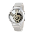 Silver musical note watch with hollow dial and stainless steel mesh strap on white background - Mesh Band Style