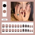 Almond press-on nails with black French tips and checkered pattern design set - French Checkerboard (LF042)