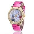Close-up of pink printed leather strap and Eiffel Tower dial with rhinestones - Rose Red