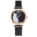 Women's rose gold magnetic watch with a black cat dial and mesh strap design - Black