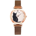 Detail of a rose gold quartz watch featuring a black cat silhouette and Milanese mesh band - Coffee