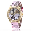 Macro view of pink faux leather strap and crystal bezel on Eiffel Tower watch - Pink