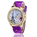 Goldene Quarz-Damenuhr mit Eiffelturm-Zifferblatt, Strass und lila Schlangenmuster-Armband - Lila