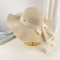 Beige wide brim straw sun hat with elegant white lace ribbon and bow decoration - D-579 Beige Wide Brim Lace / M (56-58cm)