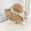 Women's summer straw beach hat in light brown with elegant white lace bow ribbon - D-579 Khaki Wide-brimmed Lace / M (56-58cm)