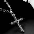 Gothic silver cross necklace with crown detail and intricate carvings on black velvet - Crown Relief Pattern Cross Style (E33201-1)