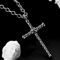 Silver vintage cross pendant necklace with heavy curb chain for hip-hop punk style - Woven Texture Relief Cross Style (E33203-1)