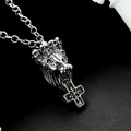 Retro silver lion head necklace with skull crown and cross pendant in gothic style - Lion Head Skull Crown Cross Style (E33205-1)