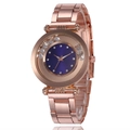 Elegant rose gold steel watch with deep blue dial and sparkling crystal bezel - Blue