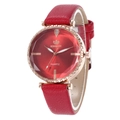 Minimalist women's quartz watch with red leather strap and diamond-cut glass face - Red