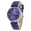 Fashionable women's quartz watch with dark blue leather strap and rose gold rhinestone case - Blue