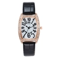 Fashionable tonneau quartz watch for women with rose gold rhinestone case and leather strap - Black