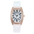 Elegant tonneau quartz watch for women with rose gold rhinestone case and white leather strap - White