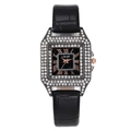 Detail of square crystal-encrusted bezel with Roman numerals on a black leather strap watch - Black