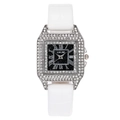 Elegant women's rectangular watch with rhinestone bezel, starry black dial and white leather strap - White