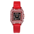 Women's quartz watch with red leather strap, rhinestone square bezel and star dial - Red