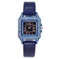 Detail of square quartz watch featuring a crystal bezel and navy blue leather strap - Blue