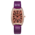 Fashionable tonneau quartz watch for women with orange dial and purple leather strap - Purple