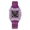Close-up of purple leather strap watch with rhinestone bezel and Roman numeral dial - Purple