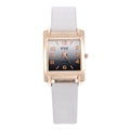 Minimalist square quartz watch for women with rose gold case and white leather strap - White