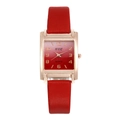 Women's square quartz watch with red gradient dial and rose gold case on leather strap - Red