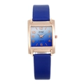 Detail of rose gold square watch case with blue gradient dial and navy leather strap - Blue