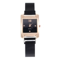 Women's rose gold square watch with black mesh magnetic band and diamond dial indices - Black