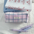 Close-up of pink and blue checkered fabric pencil case with May Rabbit woven label - Pink Plaid (Sparkle)