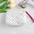 Detailed macro view of white quilted heart pouch with red lanyard and lipstick - White Polka Dot (Polka Dot Heart)