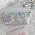 Close-up of floral embroidery texture and silver metal zipper on canvas makeup pouch - Stamen Pink Flower