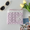 Detailed view of lavender checkered quilted pouch with white lace edge and pearl zipper pull - Crepe Striped Heart Light Pink