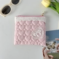 Detail of pink quilted heart pouch with lace trim and white pearl zipper slider - Quilted Heart Light Pink