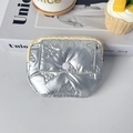 Close-up of quilted silver mini wallet with 3D embossed bow design and dual closure - PU Bow Rice White
