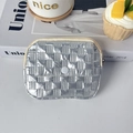 Detail of silver quilted PU coin purse with metallic texture and checkerboard stitching - Silver Small Grid