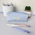 Blue striped canvas pen case with cute bow embroidery and zipper closure for students - Blue White Stripe Blue Bow