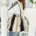 Fuzzy striped plush tote bag for women with large capacity in beige and brown tones - Black & White Stripes